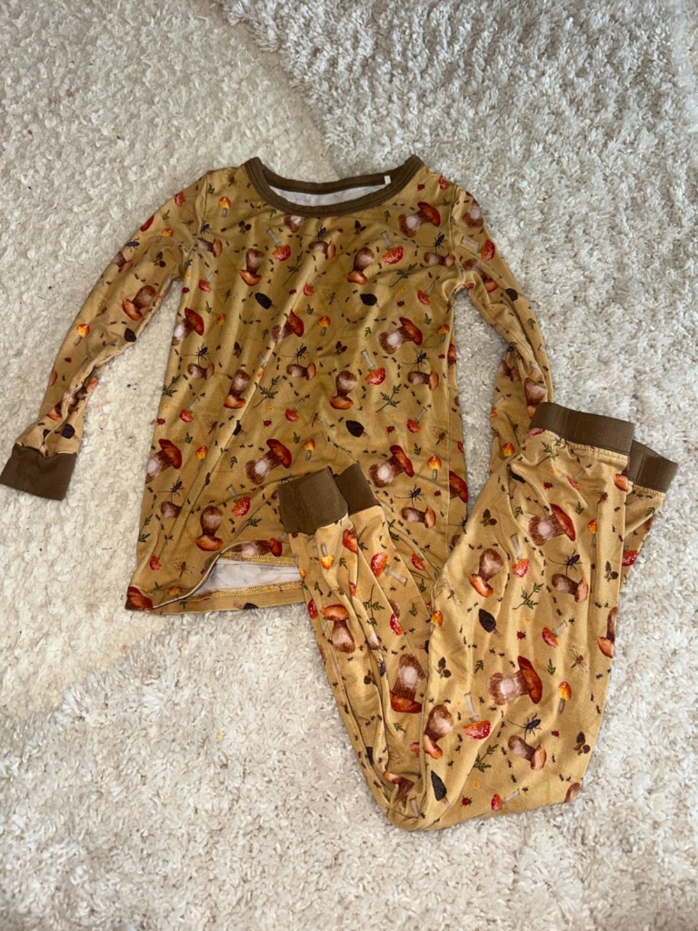 Bamboo Mushroom Print Long Sleeve Pajama Set - Mustard